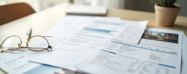 Dossier d'assurance avec factures et photographies de biens stockés dans un garde-meuble