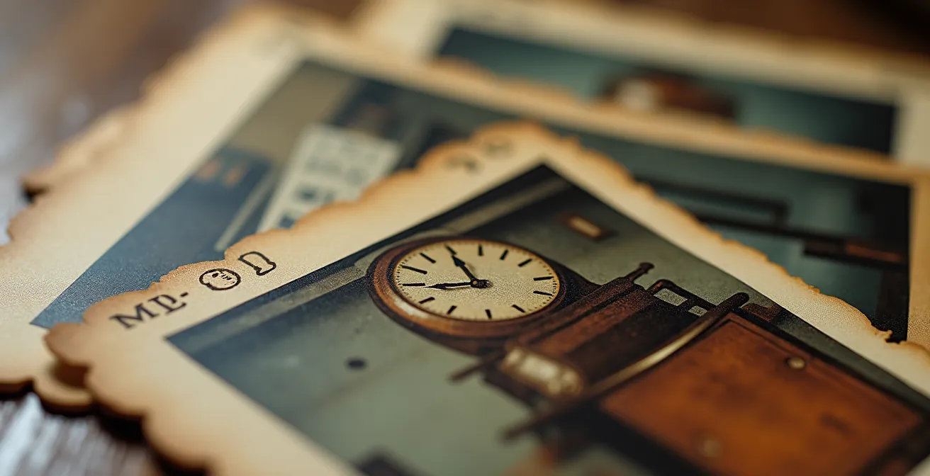 Gros plan sur des photographies datées de biens stockés avec numéros de série visibles, textures détaillées
