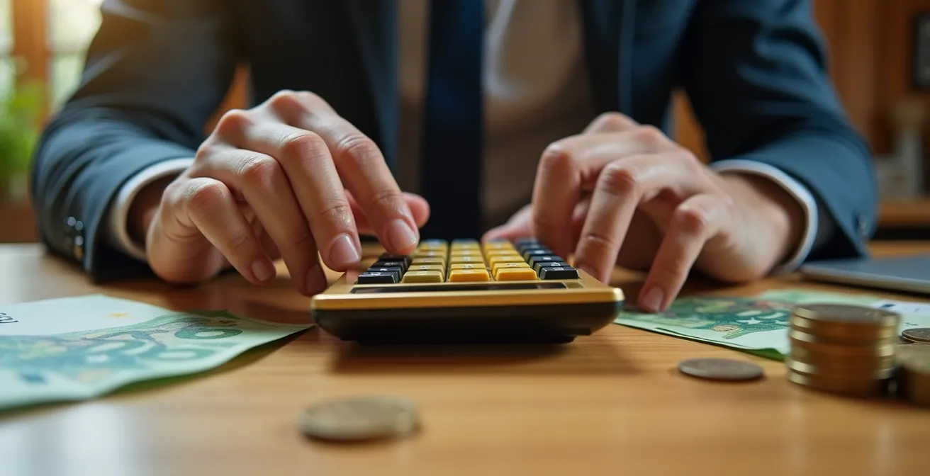 Mains tenant une calculatrice dorée avec des pièces et billets éparpillés sur une table en bois