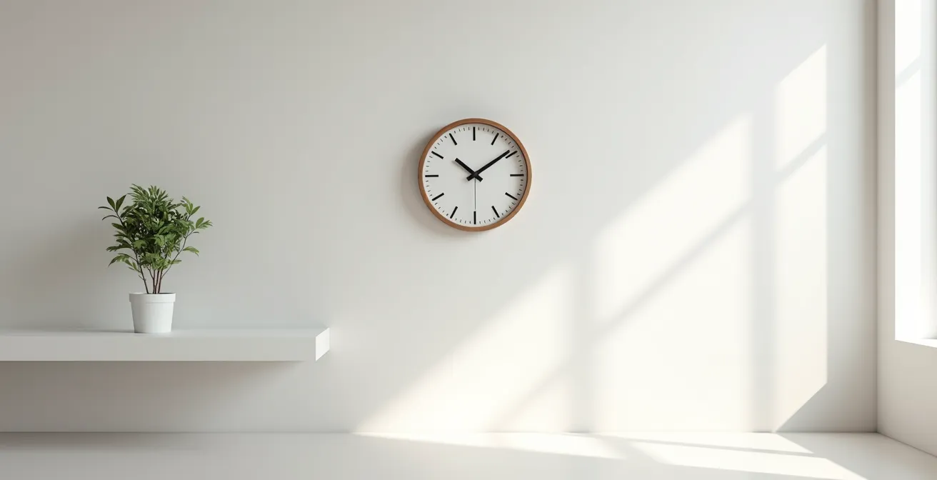 Espace épuré avec horloge murale moderne et plante verte dans un environnement lumineux