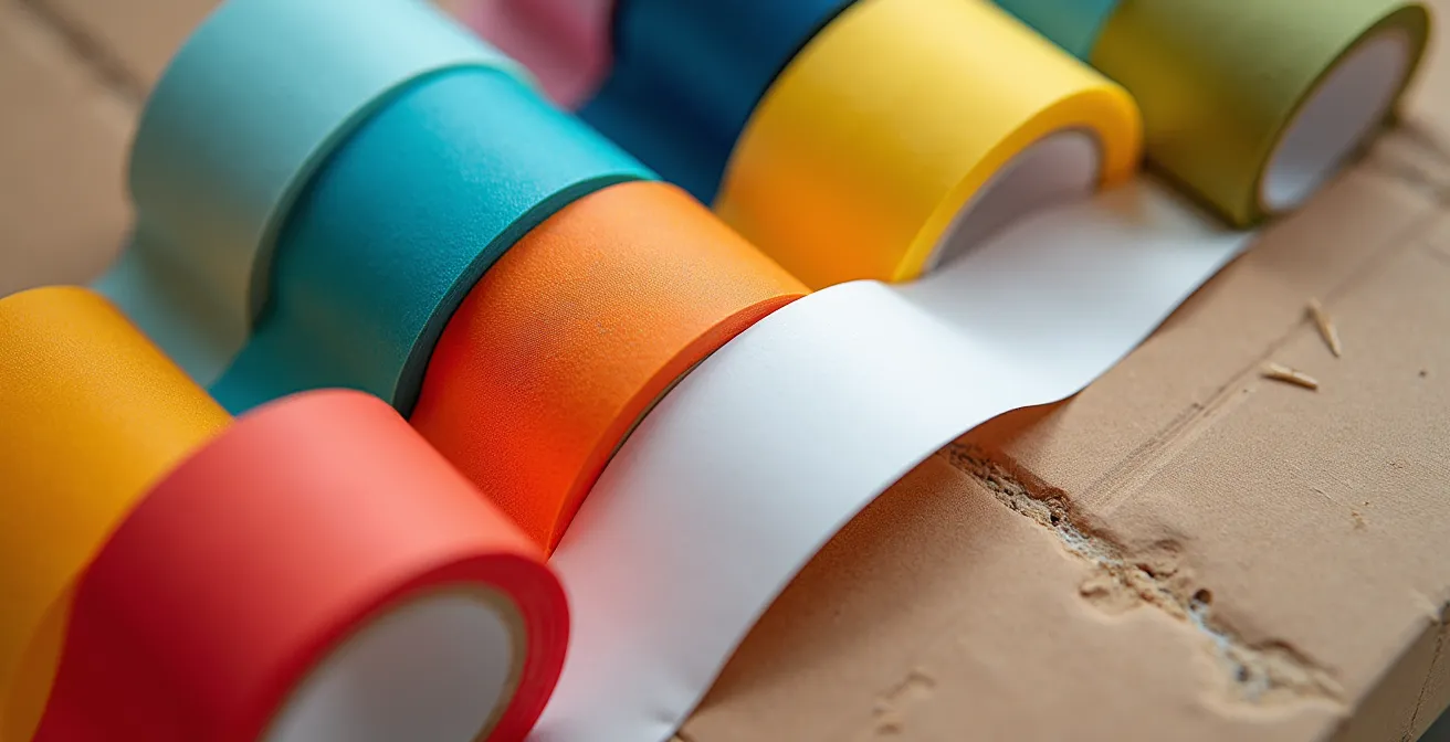 Vue macro de rouleaux d'adhésif coloré et étiquettes vierges sur surface texturée