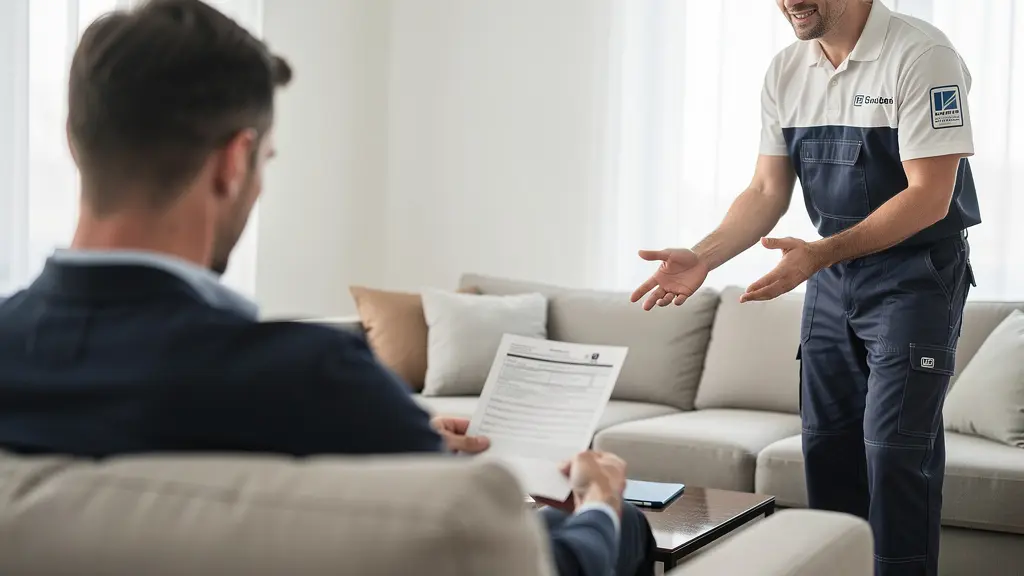 Particulier examinant devis déménagement avec professionnel dans salon lumineux