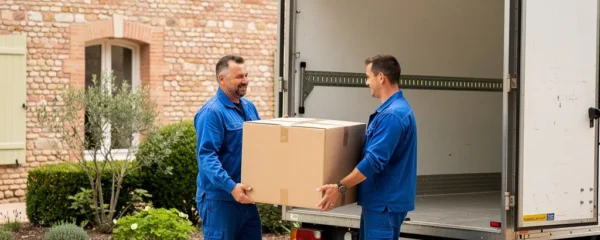 Déménageurs professionnels chargeant cartons dans camion devant maison typique Montauban