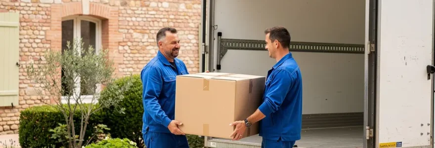 Déménageurs professionnels chargeant cartons dans camion devant maison typique Montauban