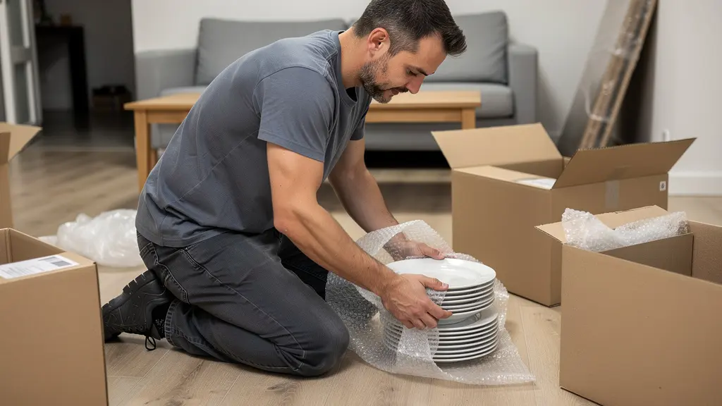 Déménageur emballant vaisselle avec protection papier bulle dans appartement